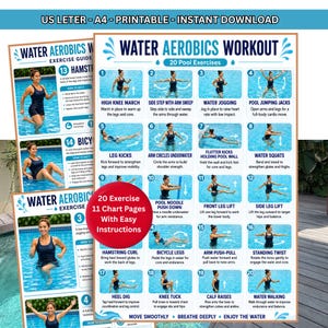 Puede incluir: Un cartel digital imprimible titulado Water Aerobics Workout que presenta 20 ejercicios de piscina numerados con ilustraciones de personas realizando movimientos en el agua, incluyendo marchas, patadas y sentadillas acuáticas.