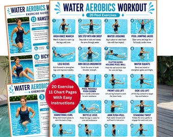 Water Aerobics Printable Bundle, Pool Exercises for Seniors & Beginners, Aqua Fitness Workout Poster A4 US Letter PDF