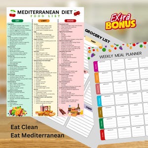 Peut inclure: Une liste d'aliments du r&eacute;gime m&eacute;diterran&eacute;en et un planificateur de repas hebdomadaire. La liste des aliments cat&eacute;gorise les aliments &agrave; manger, &agrave; limiter et &agrave; &eacute;viter. Le planificateur de repas a de l'espace pour le petit-d&eacute;jeuner, le d&eacute;jeuner, le d&icirc;ner et les collations.