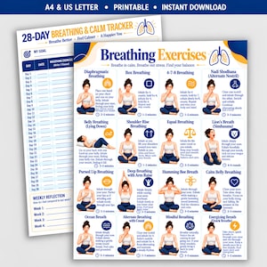 May include: A printable 28-day breathing and calm tracker chart featuring twelve distinct breathing exercises with illustrations of a person demonstrating each technique, including text instructions, time durations, and a weekly reflection section.
