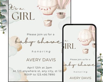It's a Girl Baby Shower Invitation - Hot Air Balloon and clouds - Editable Template - Digital Download