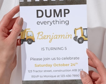 Invitación de cumpleaños de tractor: temática de construcción, plantilla editable (descarga digital)
