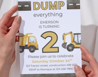 Invitación de cumpleaños de tractor: temática de construcción, plantilla editable (descarga digital)