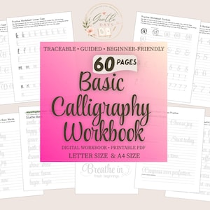 May include: A 60-page basic calligraphy workbook featuring traceable, guided, beginner-friendly practice sheets. The central pink and orange gradient graphic displays the title Basic Calligraphy Workbook, Digital Workbook, Printable PDF, Letter Size & A4 Size.