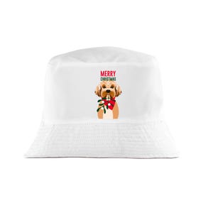 May include: A white bucket hat featuring a graphic of a tan dog wearing a red scarf and holding a sprig of mistletoe in its mouth. Above the dog, the text MERRY CHRISTMAS is printed in red and green letters on the front of the hat.