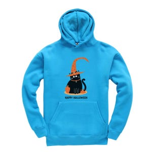 May include: A bright turquoise hoodie with a Halloween design. The graphic shows a black cat wearing an orange witch's hat, sitting beside two pumpkins. The words "HAPPY HALLOWEEN" are printed below the cat in white letters.