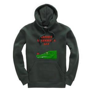 May include: Dark green hoodie with a kangaroo pocket and hood. The front features a green alligator graphic with a red heart and the text "Snappy Valentine's Day" in red.