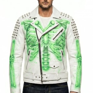 Men's Skull Moto Jacket | Studded Leather Bones Punk Outwear | Gothic Bones Printed Statement Piece
