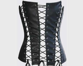 Gothic Faux Leather Corset Top – Lace Up Overbust Bustier, Steampunk Clubwear