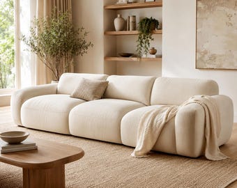 Curved Sectional Sofa, Ivory Boucle Couch, Modern Cream Crescent Sofa, Luxury Living Room Furniture, Sculptural Modular Sofa