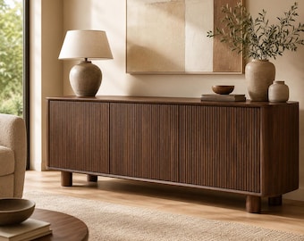 Walnut Fluted Sideboard Buffet Cabinet, 63" Modern Storage Credenza, Mid Century Console Cabinet for Dining Room, Living Room or Entryway