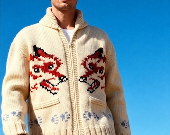 Cárdigan de hombre con estampado de lobo – Suéter de lana tejido a mano con cremallera, estilo nórdico canadiense vintage, regalo acogedor de invierno hecho a mano para él.