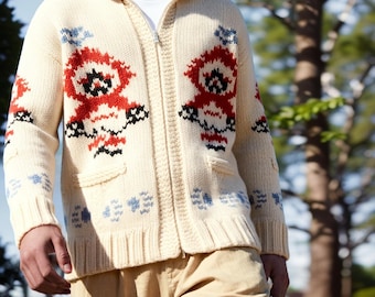 Cárdigan de lana tejido a mano con estampado de lobo para hombre – Suéter con cremallera de estilo canadiense vintage, suéter nórdico de punto grueso, acogedor regalo de invierno para él.