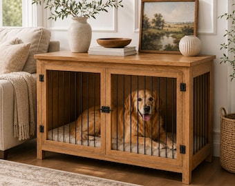 Furniture Style Wooden Dog Crate, Indoor Dog Kennel End Table with Double Doors, Metal Bars & Cushion