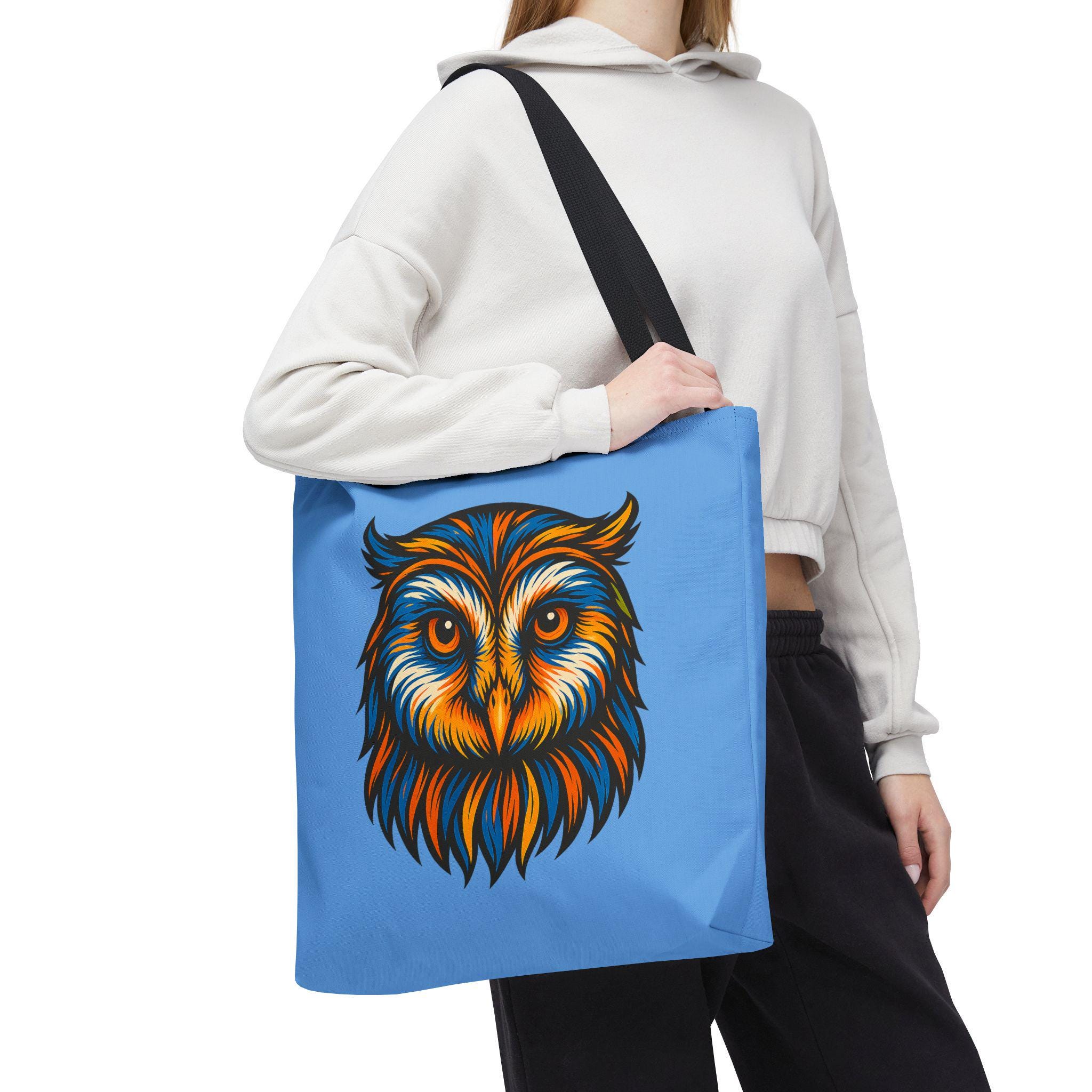 Colorful Owl Illustration Tote Bag | Blue All-Over Print