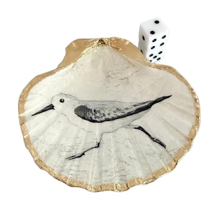 Handmade Mahjong Dice Dish, Sandpiper Shore Bird, Seashell Trinket Ring Holder