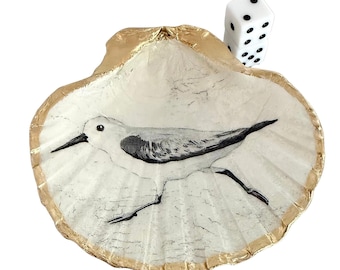 Handmade Mahjong Dice Dish, Sandpiper Shore Bird, Seashell Trinket Ring Holder