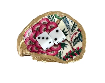Mahjong Dice Dish Holder, Oyster Ring Trinket Dish, Floral Design, Handmade Mahjong Gift For Her. Gold Trim