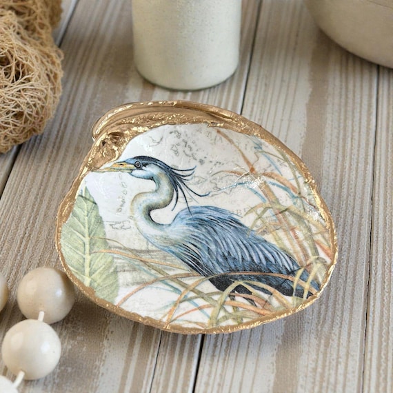 Florida Blue Heron Clam Shell Ring | Trinket Dish, Engagement Bridal Shower/Wedding Gift - Coastal Decor