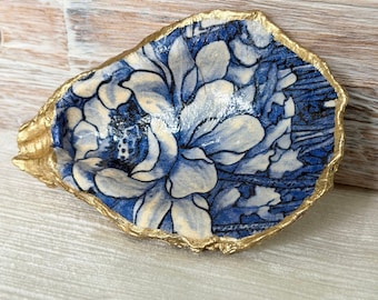 Blue Floral Jewelry Trinket Oyster Shell Ring Dish - Handmade Coastal Gift for Friend, Engagement, Wedding.