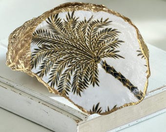 Palm Tree Oyster Shell Ring Dish, Coastal Trinket Holder And Decor Gift, Gold Trim