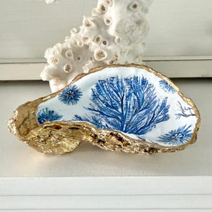 Blue Seafan Oyster Shell Ring Dish - Handmade Coastal Jewelry Holder & Trinket Tray, Engagement Gift,   Mother's Day, Gift For Her.