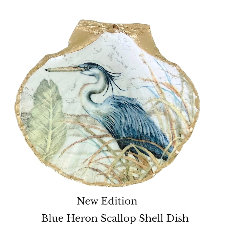 Pu&ograve; includere: Un piatto decorativo a forma di conchiglia di capasanta con un'illustrazione di un airone blu tra canne e fogliame. La conchiglia ha un interno bianco con un bordo dorato. Il testo sottostante recita: New Edition Blue Heron Scallop Shell Dish.