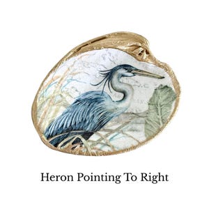 Pu&ograve; includere: Una conchiglia di ostrica decorativa con un'illustrazione dettagliata di un airone blu e grigio tra i canneti. La conchiglia ha un bordo dipinto in oro metallizzato e uno sfondo con un tenue testo cartografico. Il testo Heron Pointing To Right &egrave; sotto.