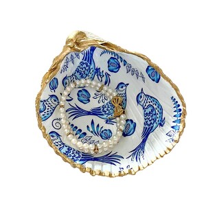 Blue Bird Seashell Ring Rinket Dish for Wedding Rings, Earrings. Chinoiserie Shell Coastal Decor.  Gift for Her.