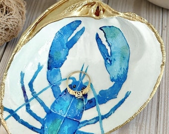 Blue Lobster Shell Trinket Ring Dish, Coastal Decor Gift, Ocean Themed Nautical Jewelry Holder