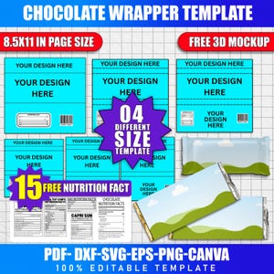 Pode incluir: Um modelo digital para embalagens de chocolate, com vários layouts de design em azul e branco. Inclui um mockup 3D gratuito, 15 tabelas de informações nutricionais gratuitas e opções para diferentes tamanhos. O modelo tem 21,59 x 27,94 cm e é 100% editável.