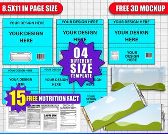 May include: A digital template for chocolate wrappers, featuring multiple design layouts in a blue and white color scheme. Includes a free 3D mockup, 15 free nutrition facts, and options for different sizes. The template is 8.5x11 inches and is 100% editable.