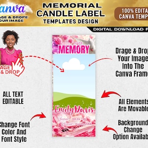 May include: A memorial candle label template design with the text "Memorial Candle Label Templates Design". The design includes the text "In Loving Memory" and "Emily Davis". The template is 100% editable in Canva.