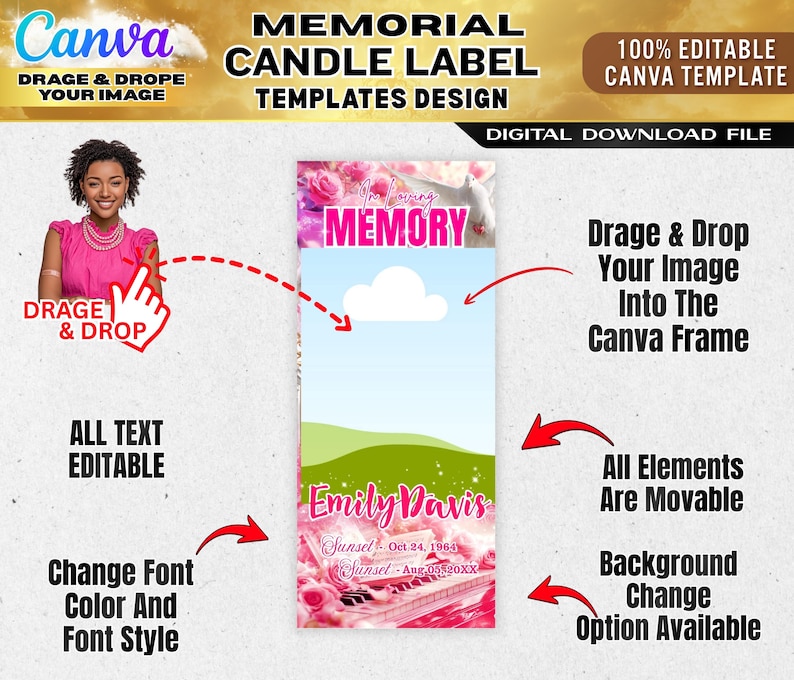 May include: A memorial candle label template design with the text "Memorial Candle Label Templates Design". The design includes the text "In Loving Memory" and "Emily Davis". The template is 100% editable in Canva.