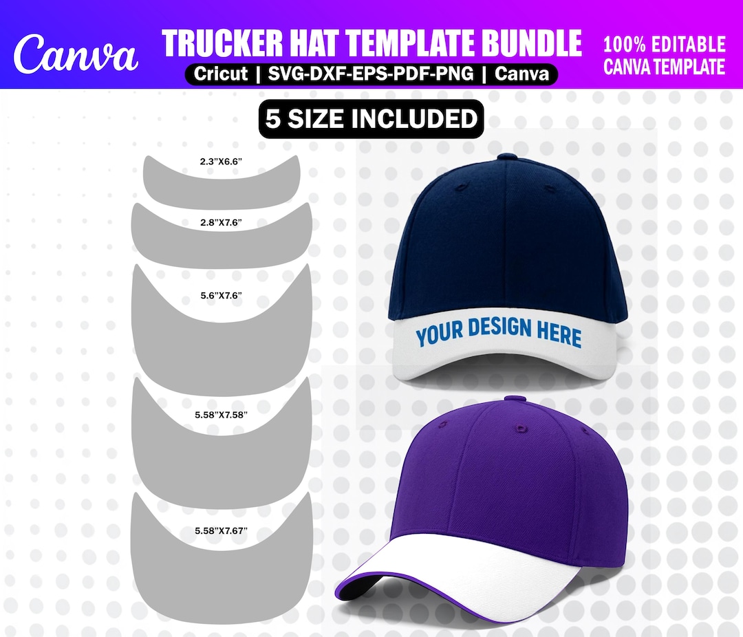 5x Trucker Hat Template Bundle Editable Canva Hat Design 5 Sizes
