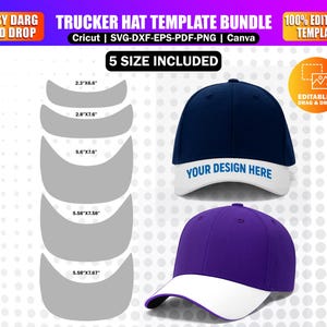 Könnte beinhalten: Ein digitales Vorlagenpaket für Trucker-Hüte. Das Bild zeigt eine marineblaue und weiße Mütze sowie eine lila und weiße Mütze. Der Text "YOUR DESIGN HERE" steht auf der marineblauen Mütze. Das Bild enthält auch Hutvisier-Vorlagen und den Text "EASY DARG AND DROP".