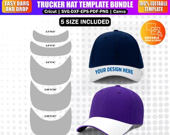 5x Trucker Hat Template Bundle | Editable Canva Hat Design | 5 Sizes for Sublimation | Drag & Drop Trucker Cap Mockup | Digital Download