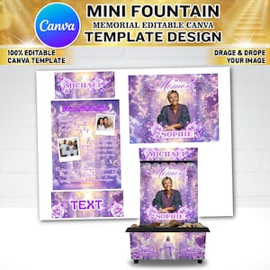 May include: A Canva template design for a mini fountain memorial. The design features a purple and white color scheme with floral accents, photos, and text. The template includes the text "MICHAEL", "SOPHIE", and "IN LOVING MEMORY".