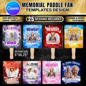May include: Memorial paddle fan templates with 25 designs. Each fan features a photo and the words "In Loving Memory." Design size is 12.7cm x 15.88cm. The fans have a wooden handle and are customizable with Canva.
