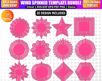 May include: A collection of pink wind spinner templates in various geometric shapes, including stars, squares, and circles. The image includes the text "WIND SPINNER TEMPLATE BUNDLE" and "20 DESIGN INCLUDED".