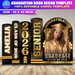 May include: Graduation book decor template with a black and gold design. The template includes the text "AMELIA", "CLASS OF 2026", "2026", and "SENIOR". The template is 60 x 40 inches and features a photo of a graduate.