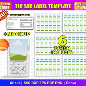 Plantilla SVG para 6 etiquetas de Tic Tac / Envoltorio adhesivo de menta de 1 oz / Archivo editable para Cricut (arrastrar y soltar)