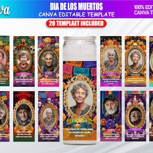 Op de afbeelding: Een Canva bewerkbare sjabloon voor Dia de los Muertos, met 20 sjablonen. Het ontwerp bevat portretten in sierlijke frames, met Spaanse tekst. De sjablonen zijn geplaatst tegen een kleurrijke achtergrond met bloemen- en schedelmotieven.