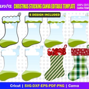 Könnte beinhalten: Ein digitales Design-Template mit sechs verschiedenen Weihnachtssocken-Designs. Die Socken haben verschiedene Muster, darunter einfarbige, gestreifte und karierte Designs. Das Template ist 100 % editierbar und für Canva geeignet.