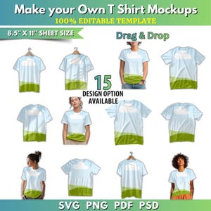 Op de afbeelding: Een mockup-sjabloon voor t-shirts met een lichtblauwe lucht en een groen landschapsontwerp. De afbeelding bevat 15 ontwerpopties, met de tekst "Make your Own T Shirt Mockups" en "100% Editable Template". De bladgrootte is 21,59 cm x 27,94 cm.