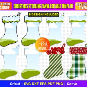 May include: A graphic featuring six Christmas stocking designs. The stockings have a variety of patterns, including solid colors, stripes, and plaid. The text "CHRISTMAS STOCKING CANVA EDITABLE TEMPLATE" is displayed at the top.
