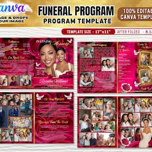 May include: A funeral program template with a floral rose design in shades of pink and red. The template includes space for photos, text, and the name "Rosaline Williams". The template size is 17"x11" before folding and 8.5"x11" after folding. The Canva template is 100% editable.