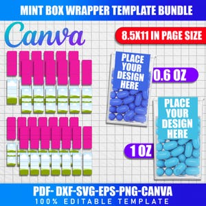 Puede incluir: Un paquete de plantillas de envoltorios de cajas de menta con el logotipo de Canva. El diseño incluye envoltorios rosas y blancos, y dos cajas transparentes llenas de mentas azules. El texto incluye "8.5x11 in page size", "0.6 oz" y "1 oz".