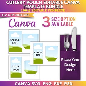 May include: A digital template bundle for cutlery pouches. The design includes three size options, with dimensions of 12.07 x 19.05 cm, 10.16 x 18.8 cm, and 8.51 x 19.05 cm. The template is 100% editable and available in Canva, SVG, PNG, PDF, and PSD formats.