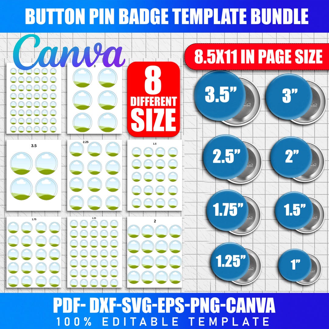 8x Button Pin Template Set | Canva Editable & SVG Files | Round Badge ...